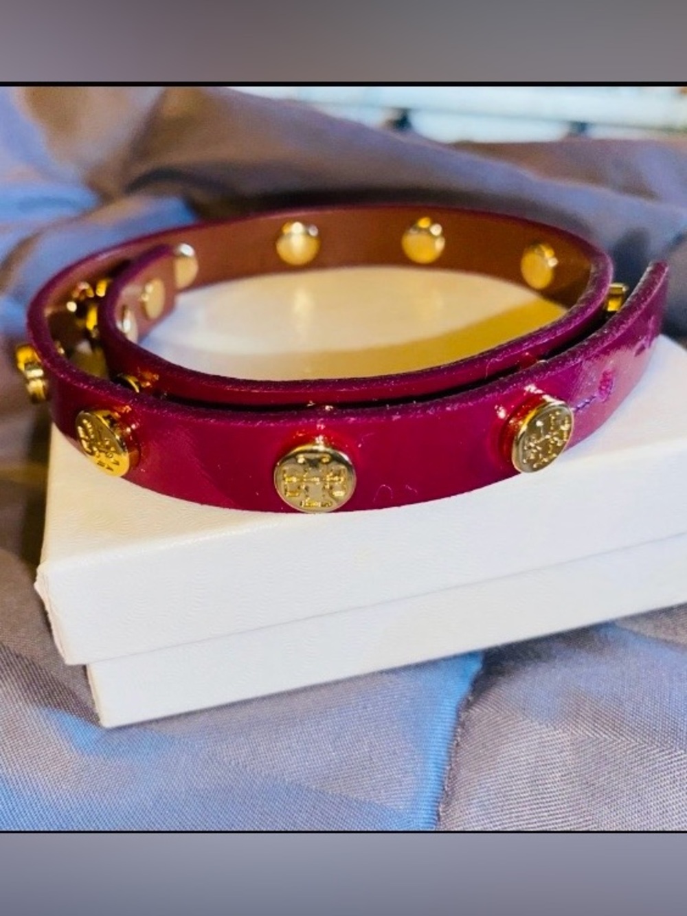 Tory Burch Miller line double-wrap leather logo stud bracelet - like new - Picture 2 of 6